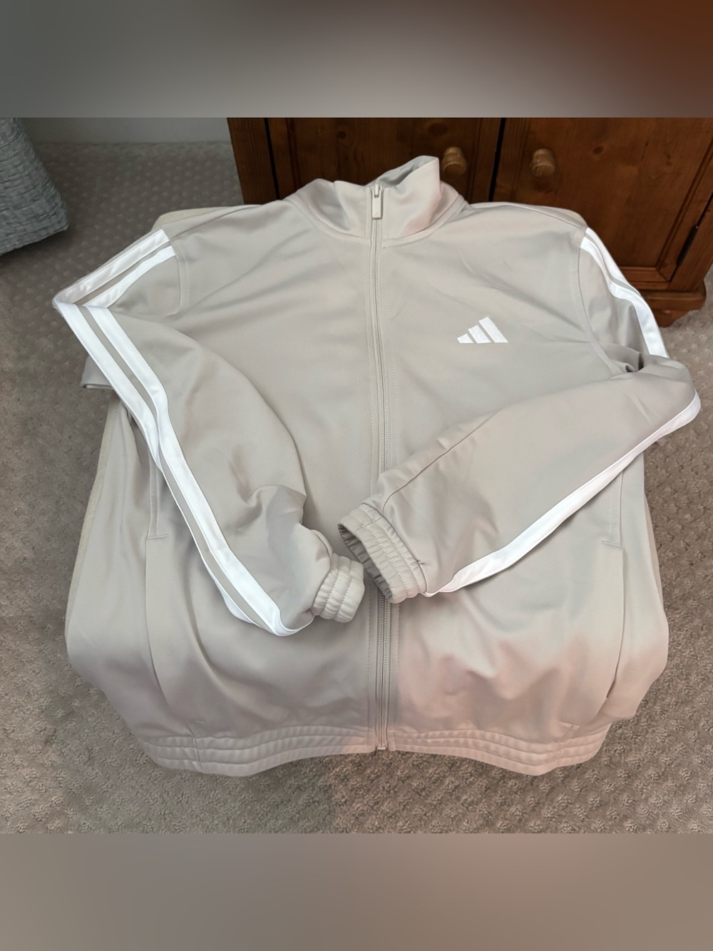 adidas Women’s Beige Jacket and Pants with White Stripes
